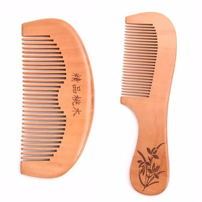 Natural Peach Wood Hair Comb Handle Carved with Daffodil Pattern in Size 17.5x5.3cm