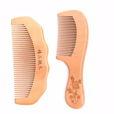 Natural Peach Wood Hair Comb Handle Carved with Flower Pattern in Size 17.5x5.5cm