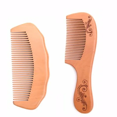 Natural Peach Wood Hair Comb with Handle Carved by Nice Pattern in Size 18x5.5cm