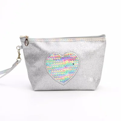 Glitter Sequins Cosmetic Bag With Heart Design Travel Organizer For Woman Shiny Makeup Bag